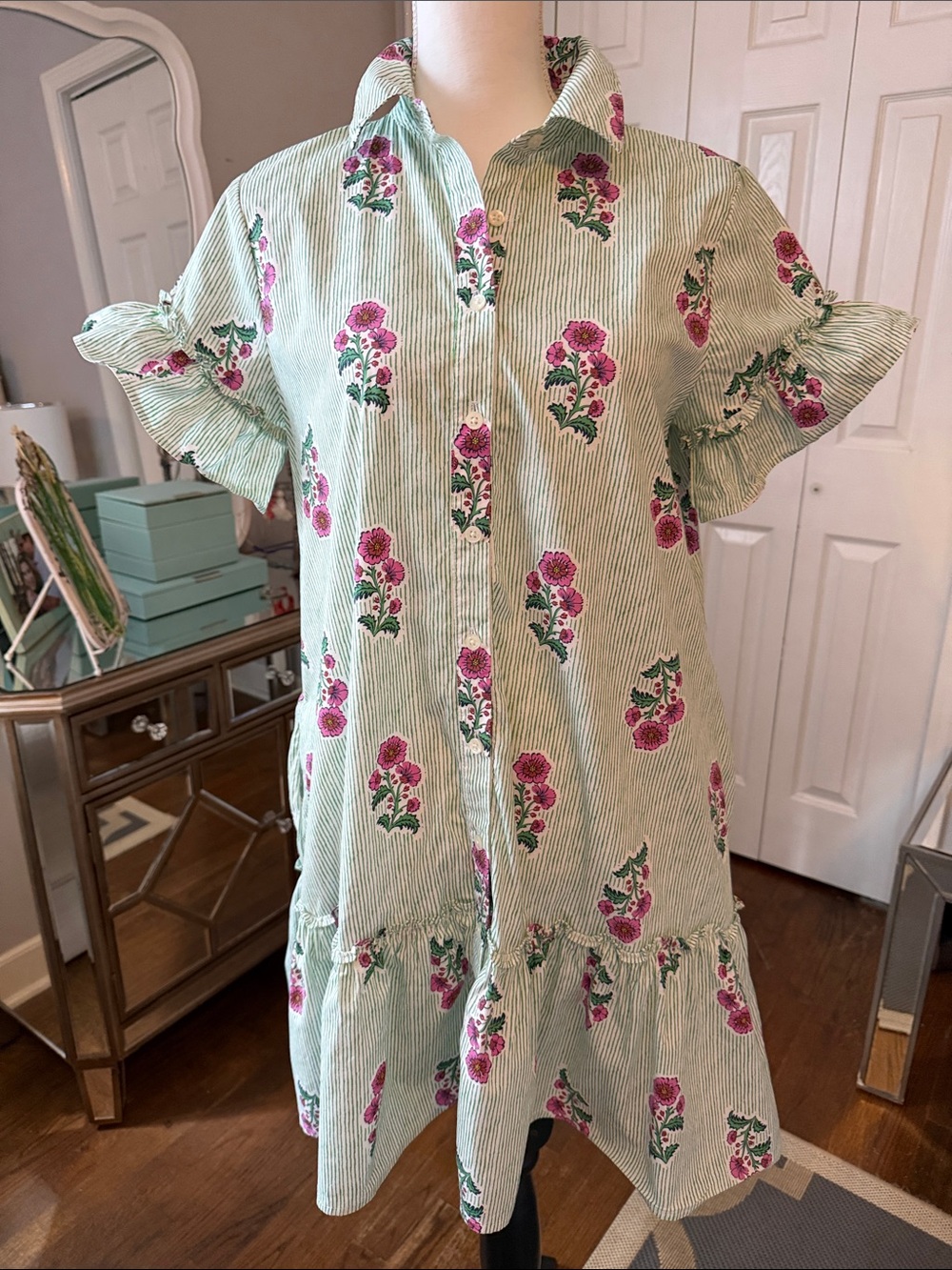 J Crew Green Striped Floral Button-Front Dress w/ Ruffle Hem Back to Campus Sz 6